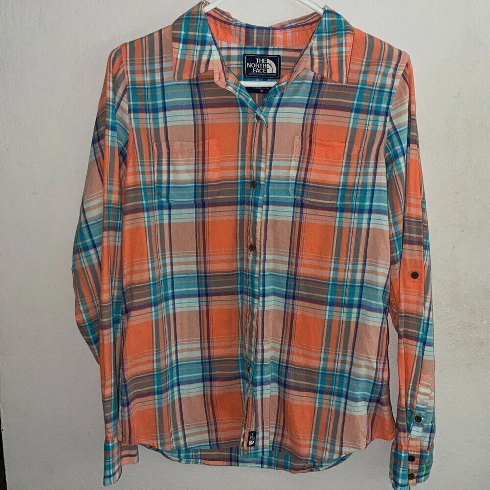 The North Face Womens Plaid Button Up Shirt M Orange Blue Hiking Outdoor Cotton